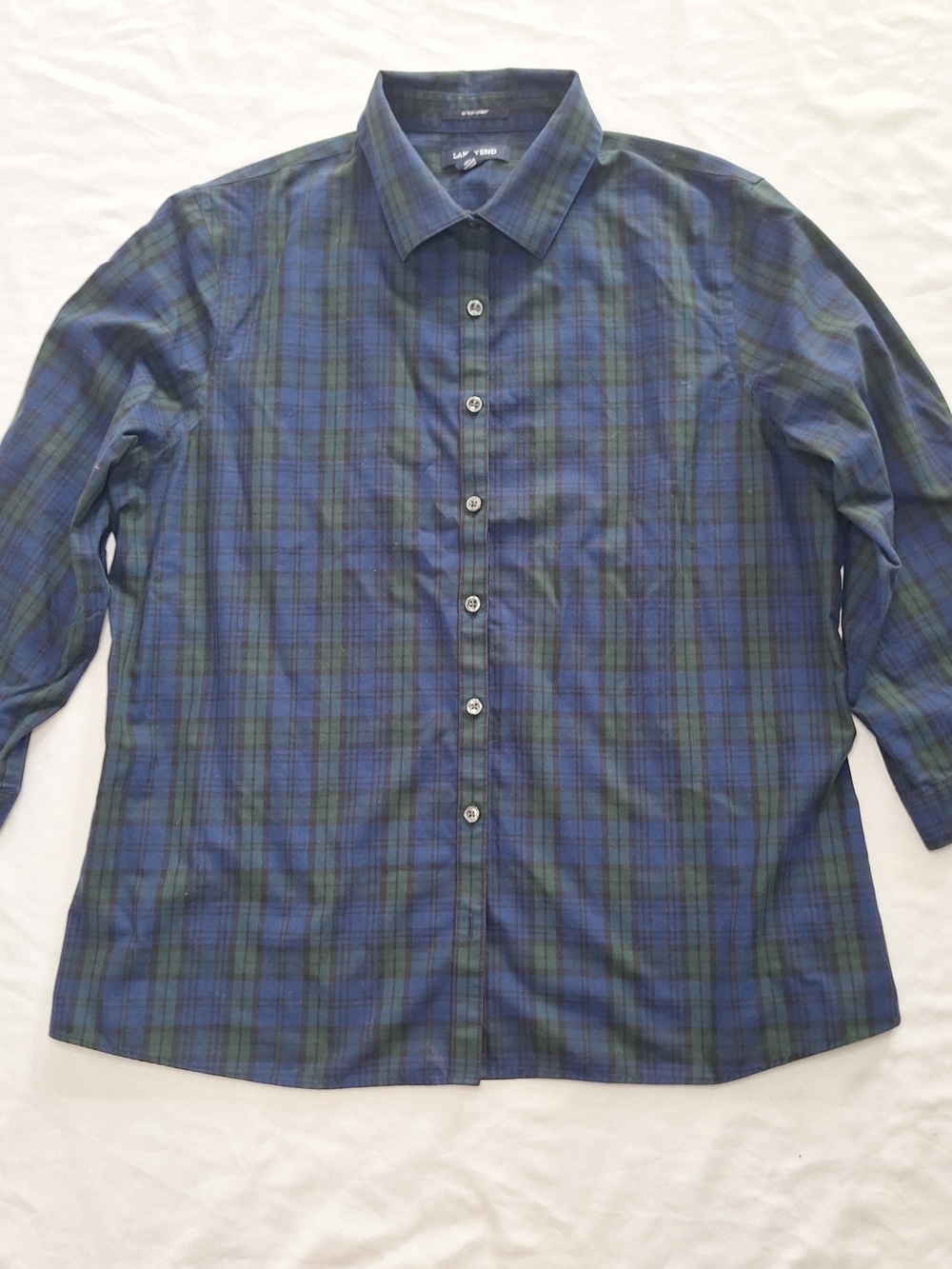 Lands End Button Down Shirt No Iron Women's 12 Green Blue Plaid Long Sleeve